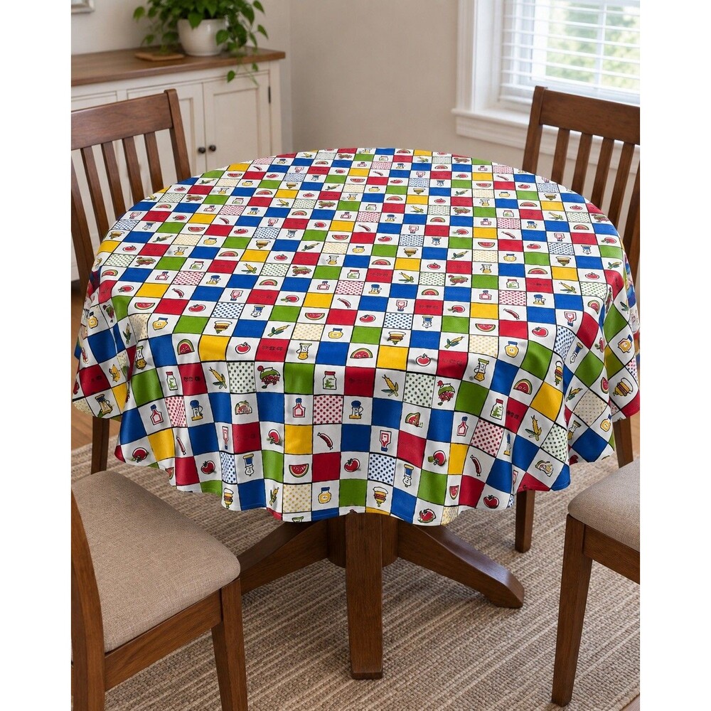 Round Fabric Tablecloth 60” BBQ Kitchen Food Print Colorful Vintage Style